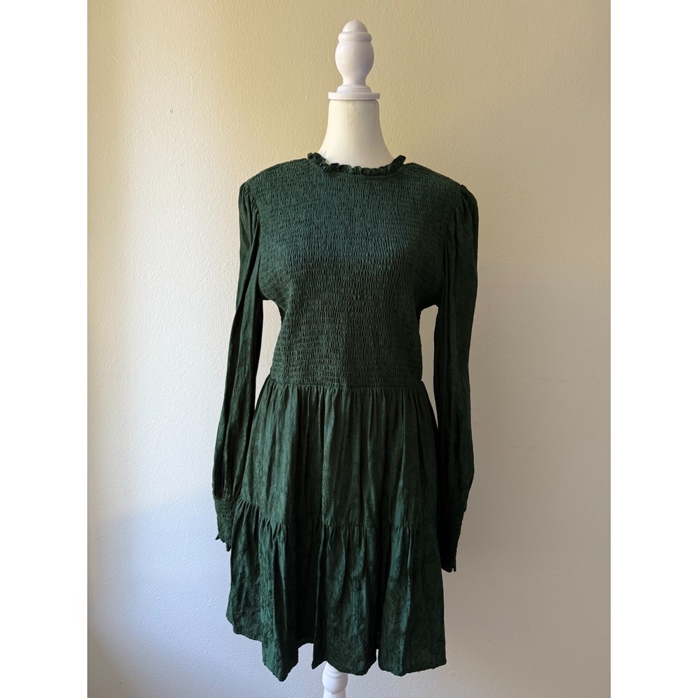 Sugarlips Green Smocked Long Sleeve Mini Dress Women's‎ Sz L Tiered Ruffle Hem